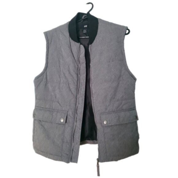 H&M Men's Grey Quilted Bomber Puffer Vest Lined Warm Outerwear Streetwear - Picture 1 of 6
